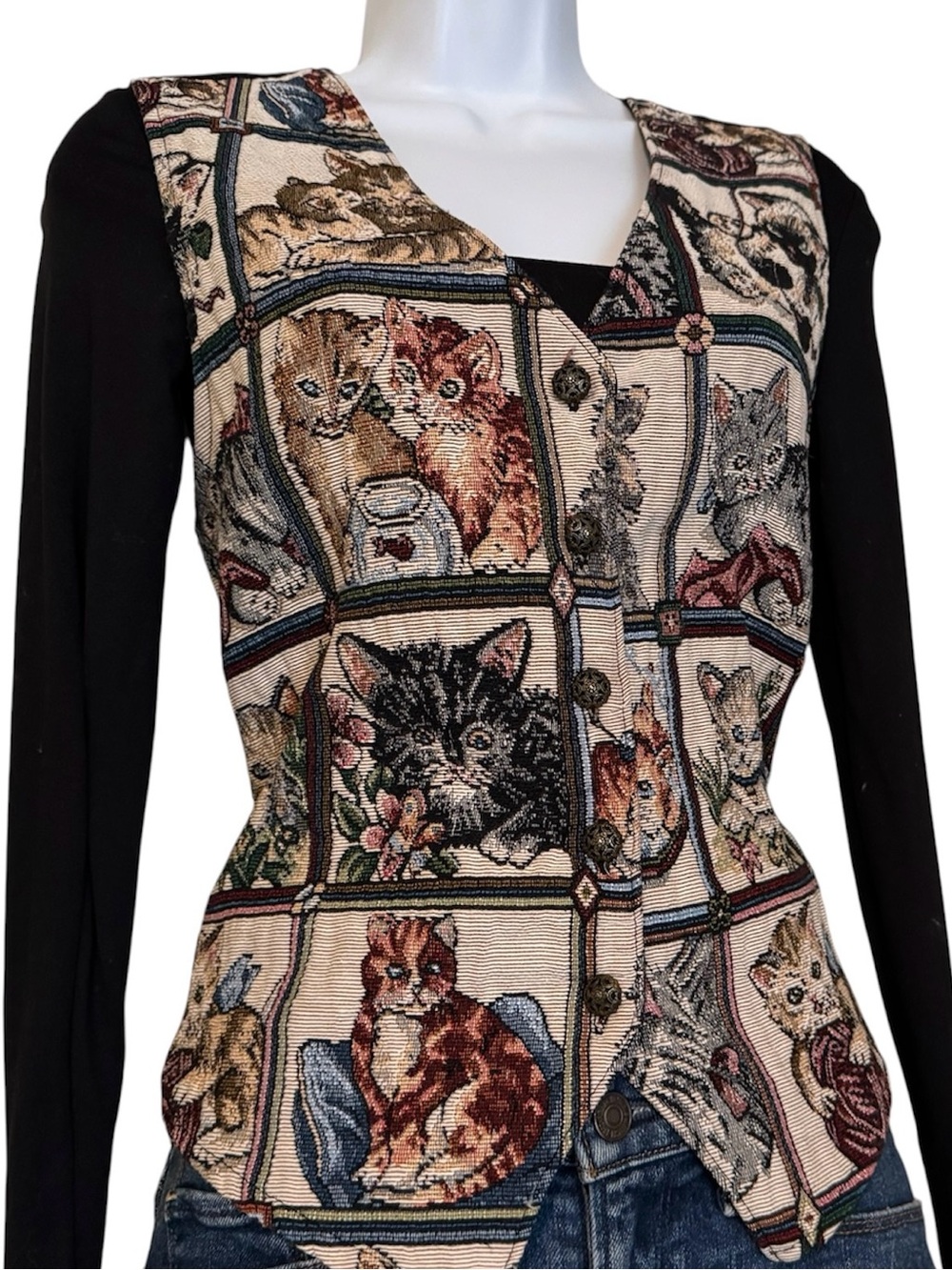Vintage 90s Bobbie Brooks Cat Tapestry Vest Novelty Kitten Graphic Waistcoat
